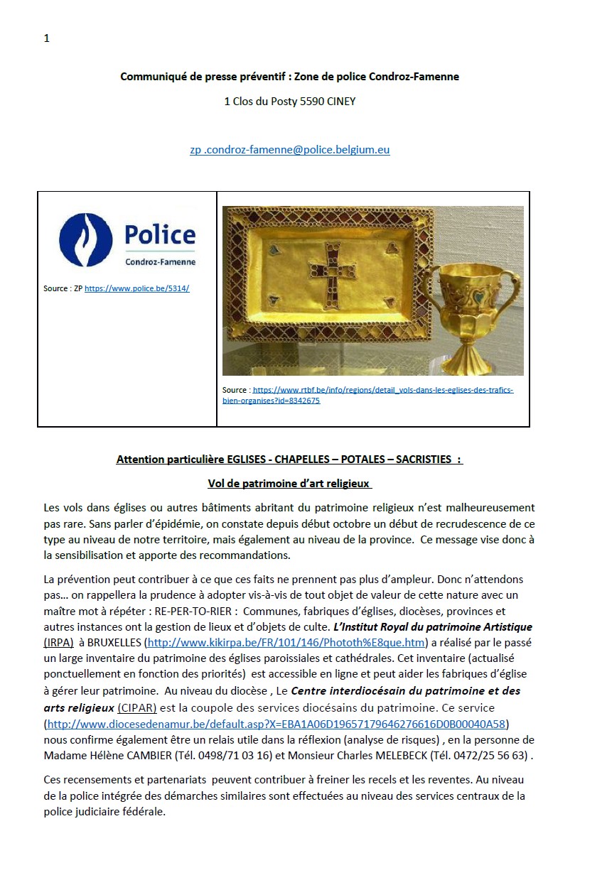 Belgique - Vol de patrimoine d’art religieux - Communiqué de presse préventif - Zone de police Condroz-Famenne (10 octobre 2020)