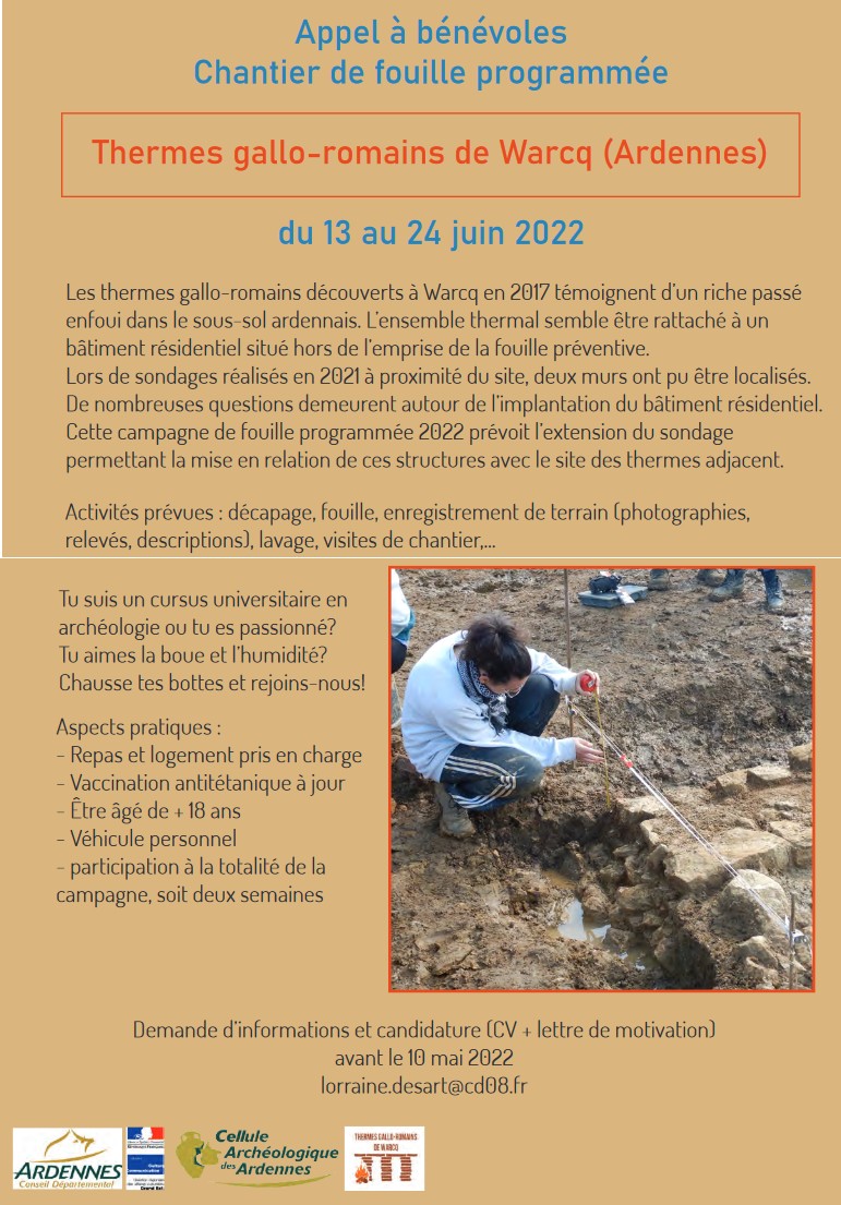 France - Appel à bénévoles  - Chantier de fouille programmée - Thermes gallo-romains de Warcq (Ardennes) du 13 au 24 juin 2022