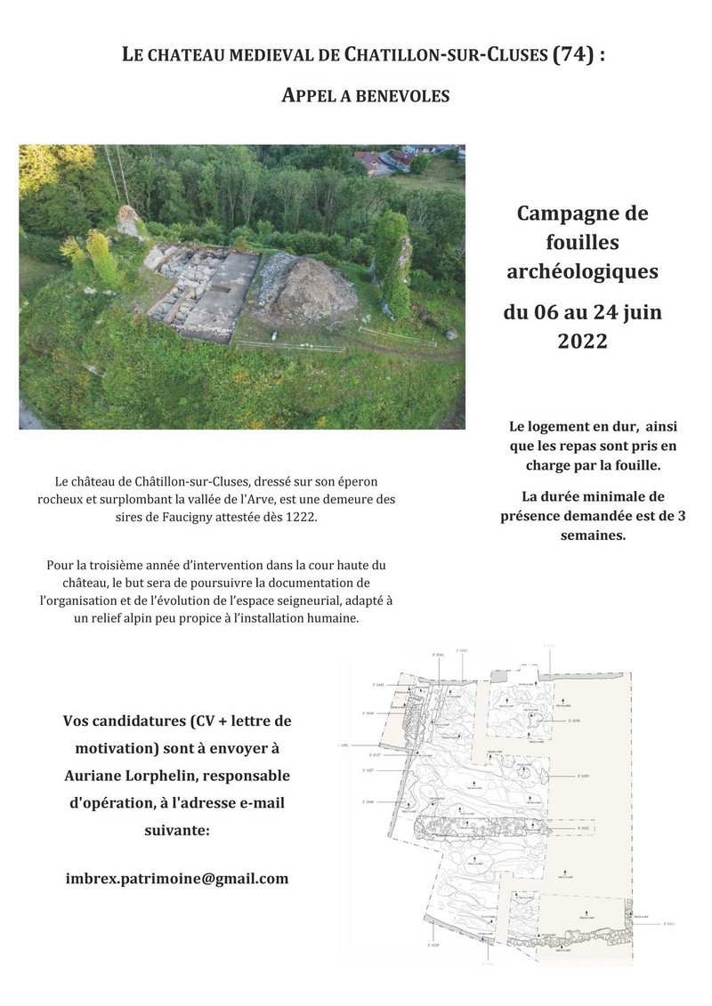 France - Appel à Bénévoles - Fouille programmée au château médiéval de Chatillon-sur-Cluzes (74) du 06 au 24 Juin 2022.
