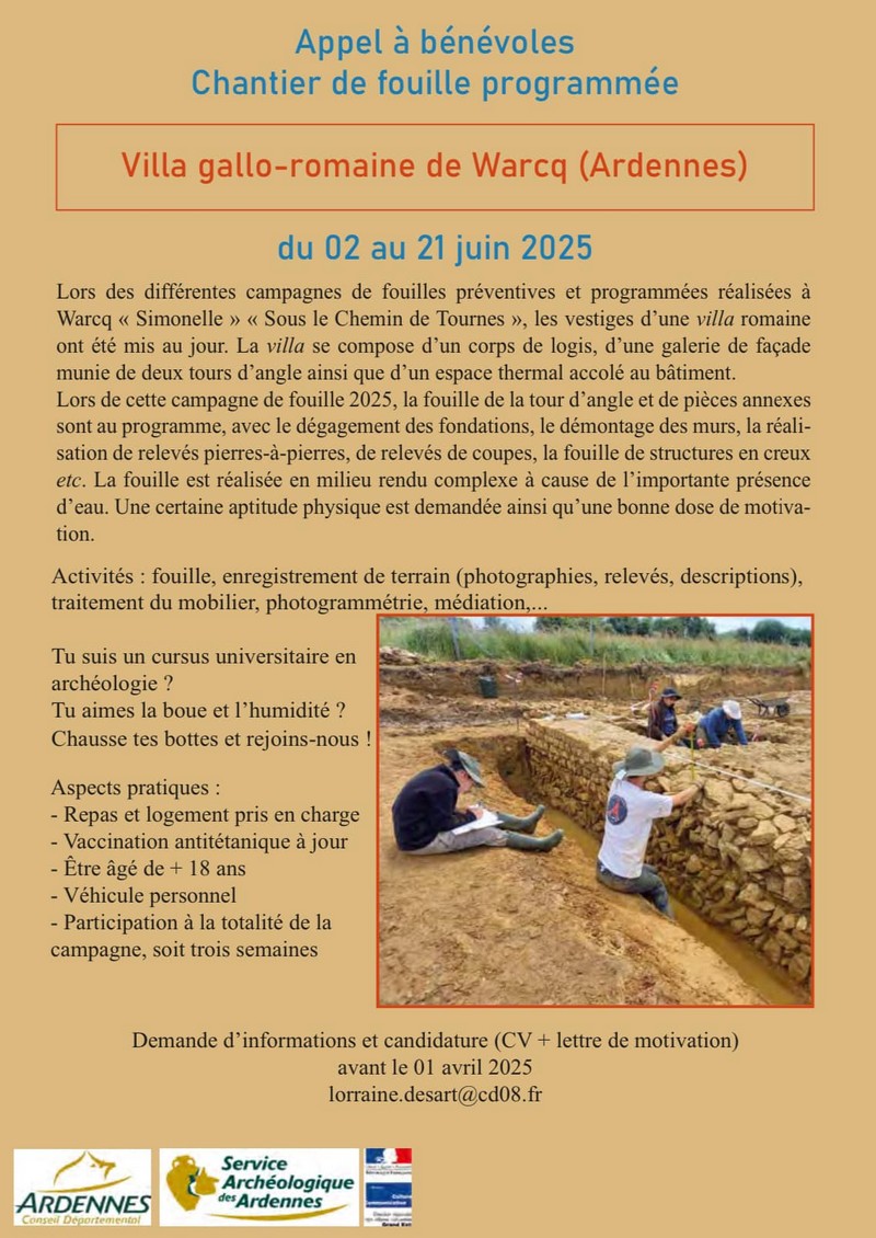 France - Chantier de fouille programmée – Villa gallo-romaine de Warcq (Ardennes) du 2 au 21 juin 2025