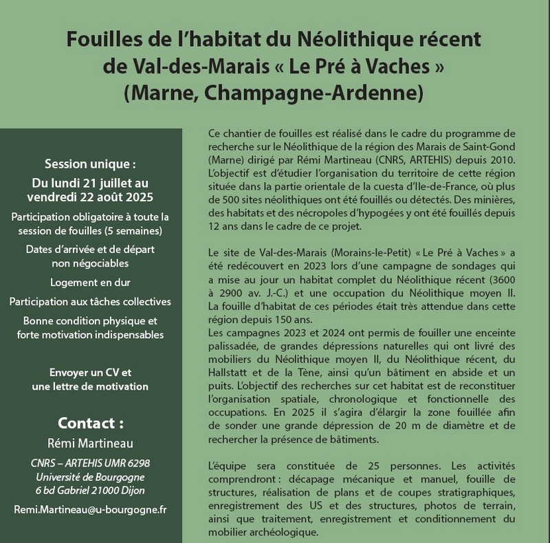 France - Fouilles de l’habitat du Néolithique récent de Val-des-Marais « Le Pré à Vaches » (Marne, Champagne-Ardenne) du 21 juillet au 22 août 2025