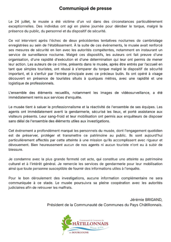 Communiqu&eacute; de presse - Le vol du torque de Vix r&eacute;v&egrave;le l&rsquo;urgence d&rsquo;un sursaut national pour les mus&eacute;es fran&ccedil;ais ! 24 juillet 2026